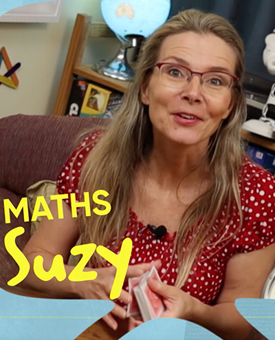 Picture of teacher Suxy looking at camera smiling, text that says Maths Suzy, sits on bottom left side