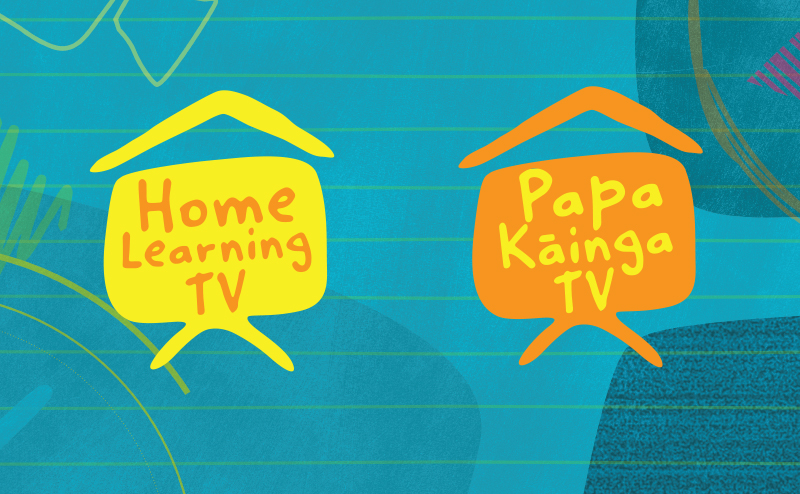 Home Learning TV logo in yellow, on blue background sits to the left and the te reo Māori version, Papa Kāinga TV is in orange, sitting to the right side.
