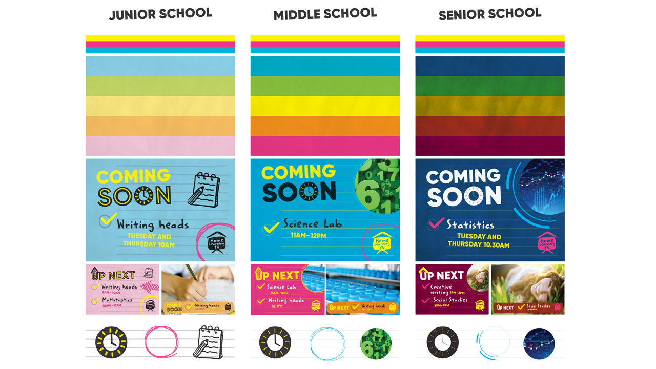 Design system for Home Learning TV, showing the graphics for Junior school on the left, middle school in the middle and senior school on the right