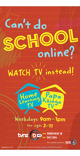Home Learning TV adshel advertisement in red. The headline says "Can't do school online? Watch TV instead!"