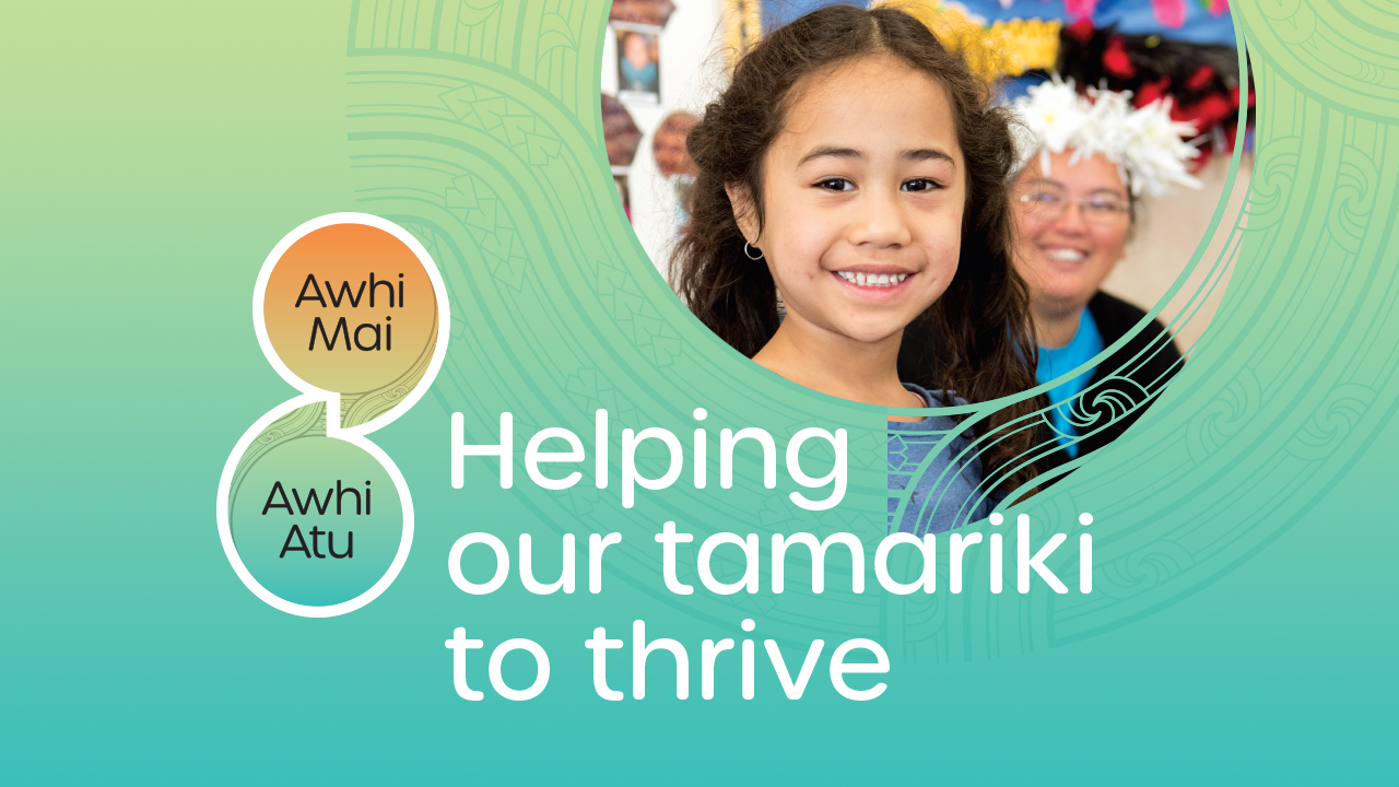 Picture of Awhi Mai Awhi Atu logo, sitting on a green background. To the right is a picture of a young islander girl smiling at camera with caregiver in the background. At the bottom of the image is the headline "Helping our tamariki to thrive"