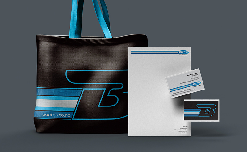 Booths tote bag and stationery designs