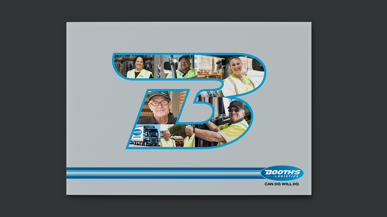 Booths company profile cover showing large B and inside the B shape, pictures of the Booths team at work