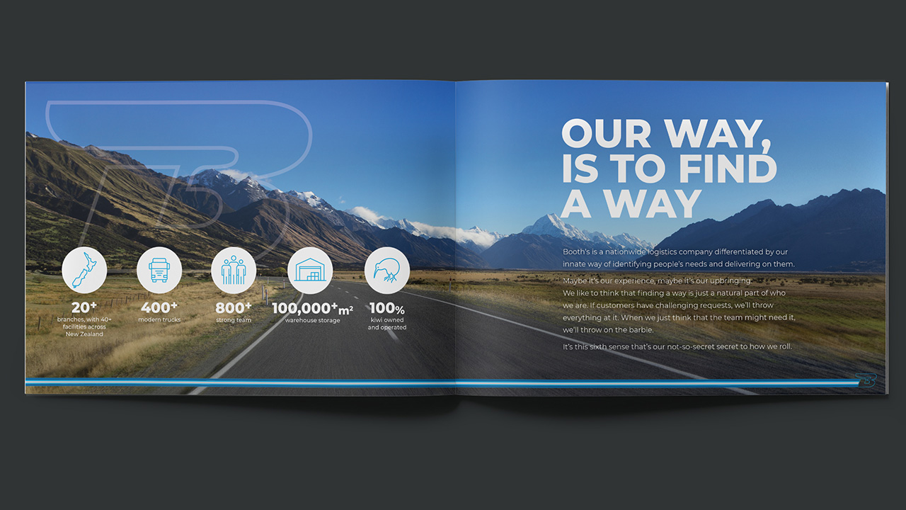 Inside spread of the Booths company profile showing road and New Zealand mountains landscape.