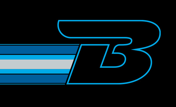 Booths B logo with blue and silver stripes to the left of it, sitting on top of a black background