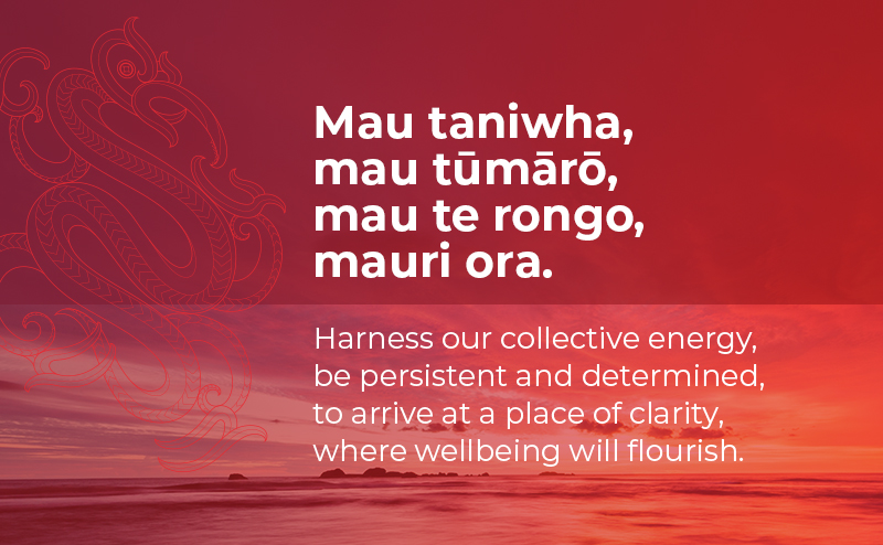Mau Taniwha, Mauri Ora whakatauākī and English translation sitting on red background