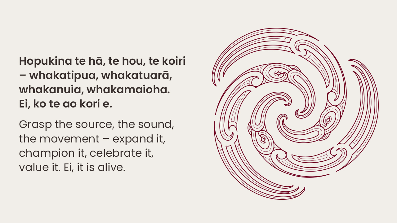 Physical Education New Zealand whakatauki and English translation, sitting to the left of the Physical Education New Zealand tohu design, which is in dark red colour.