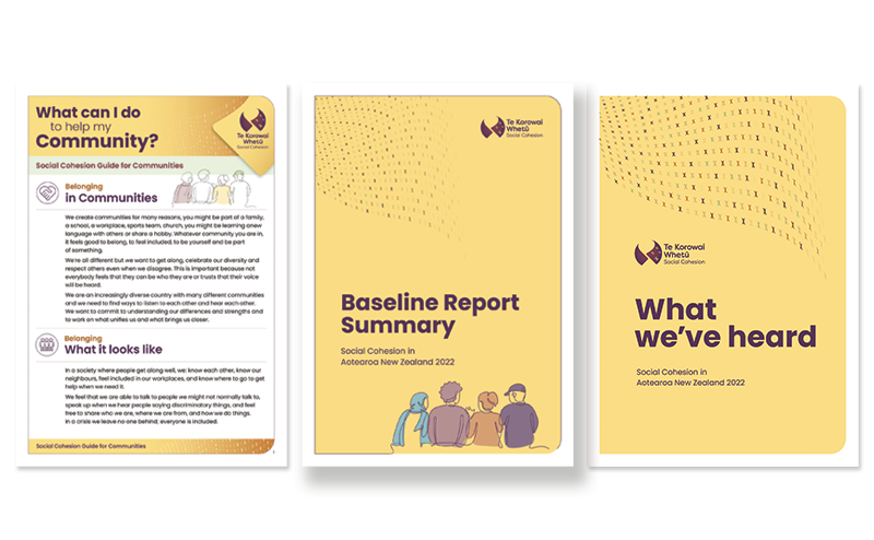 Image of three Te Korowai Whetu resource covers including Community info sheet, Baseline Report and What we've heard