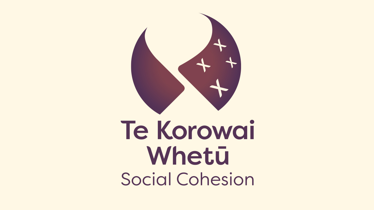 Te Korowai Whetū logo consisting of a graphic representing a korowai (cloak) wrapping around. On the right side of the graphic are the four stars representing the Southern Cross. The logo is purple in colour sitting on a light mustard coloured background.