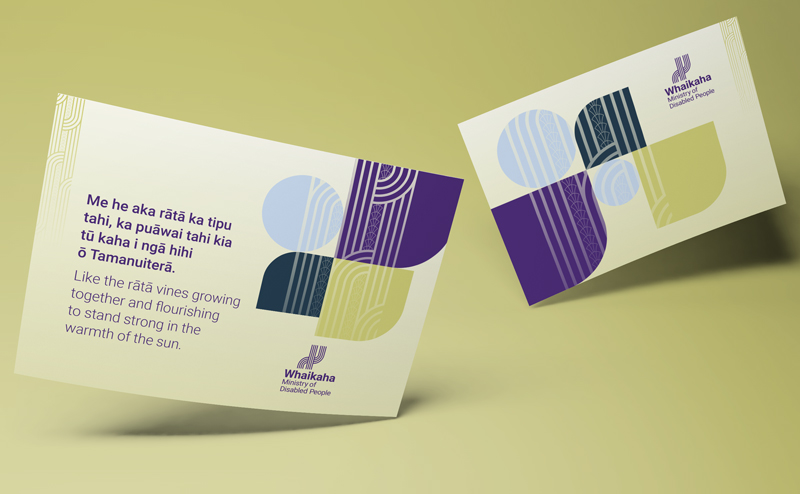 Designs for two Whaikaha message cards sit on a mustard coloured background. The cards contain a range of shapes, including squares, circles, and triangles, in a range of colours including blue, purple, dark teal and mustard. Running through the shapes, as if to bind them together, is the Whaikaha tohu graphic in a light tint shade. The card on the left side also the has the Whaikaha whakatauaki written on it.