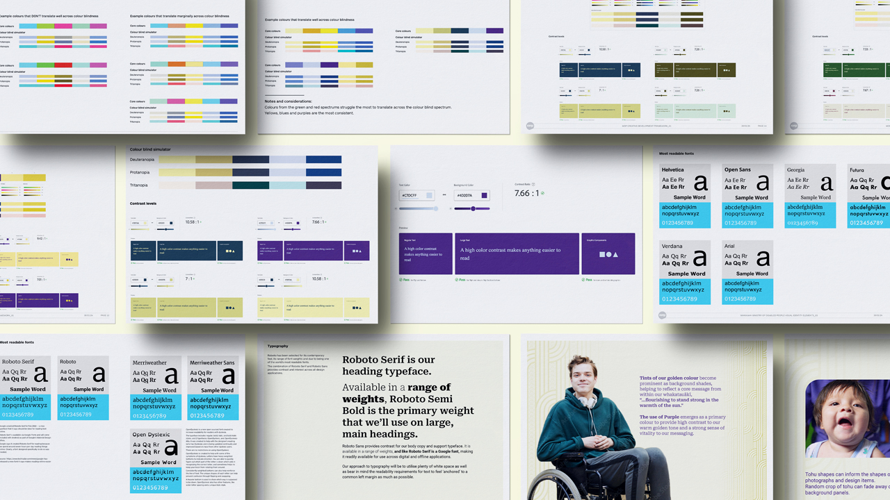 Image of a range of design explorations including colour choices that explare colour blindness and contrast, imagery usage and approaches to typography and type style, all designed to help enable accessibility.