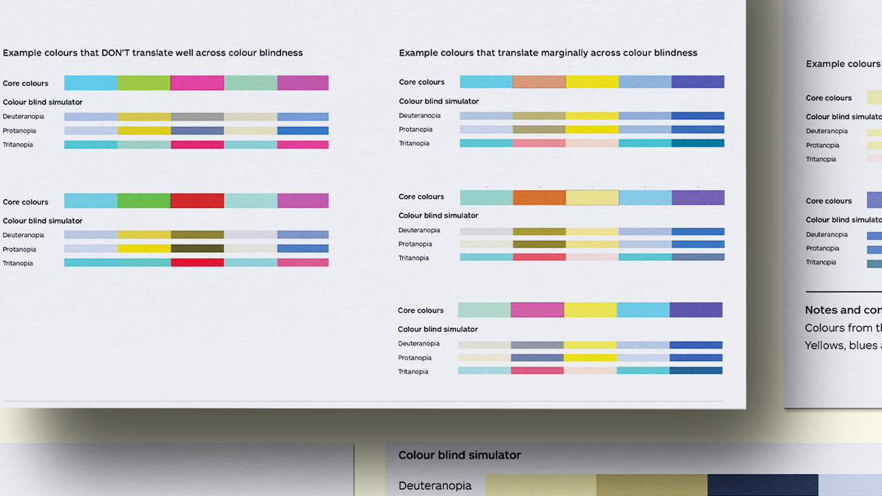 Image of a range of design explorations including colour choices that explare colour blindness and contrast, imagery usage and approaches to typography and type style, all designed to help enable accessibility.