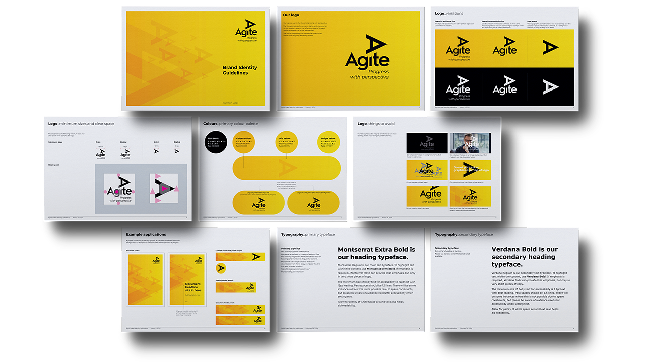 Close up image of pages from the Agite brand guidelines manual