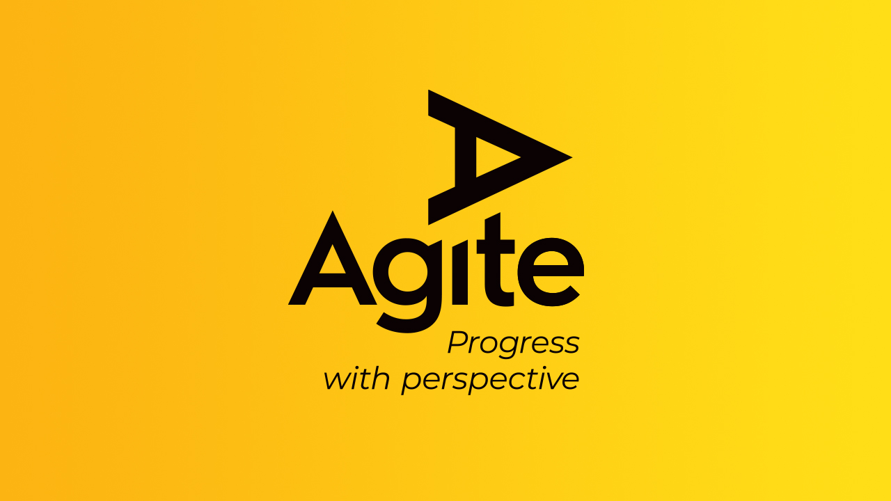 Agite logo with tagline Progress with perspective, sits on a graduated yellow background