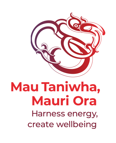 Mau Taniwha, Mauri Ora logo with tagline "Harness energy, create wellbeing" on white background