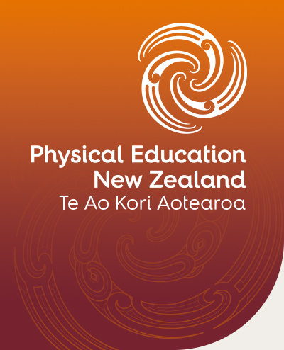 Physical Education NZ logo in white, sitting on top of a graduated orange background, containing the Physical Education NZ tohu design in light orange colour.